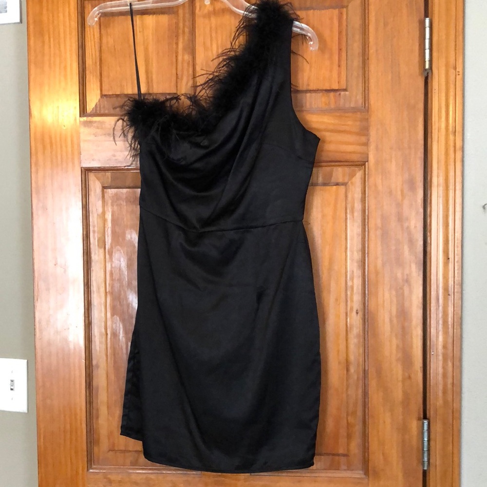 Alter’d State One Shoulder Feather-trimmed Black Dress.